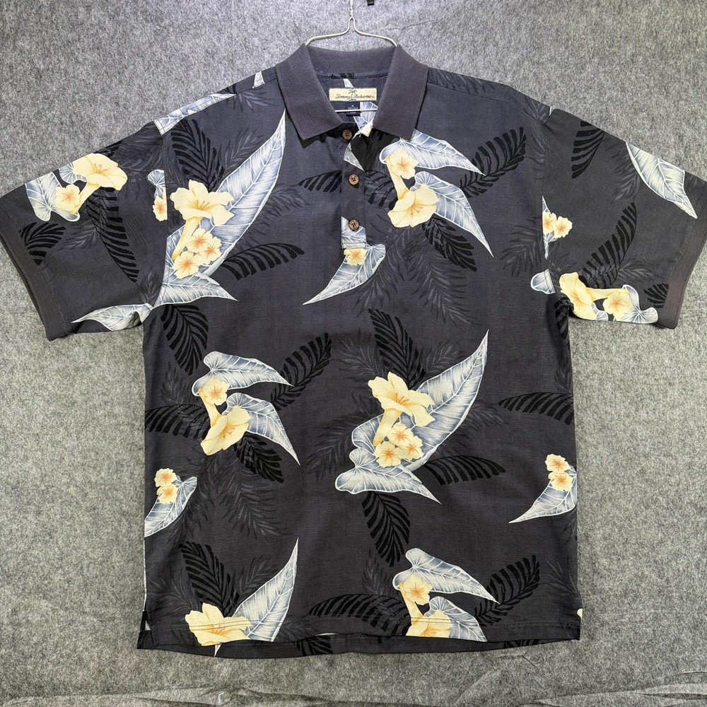 Tommy Bahama Polo Shirt Mens Medium Gray Silk Hawaiian Floral Aloha Tropical